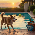 A cozy pet-friendly hotel patio at sunset, with a happy dog playing fetch near a sparkling pool, lush greenery, and a welcome pet treat basket.