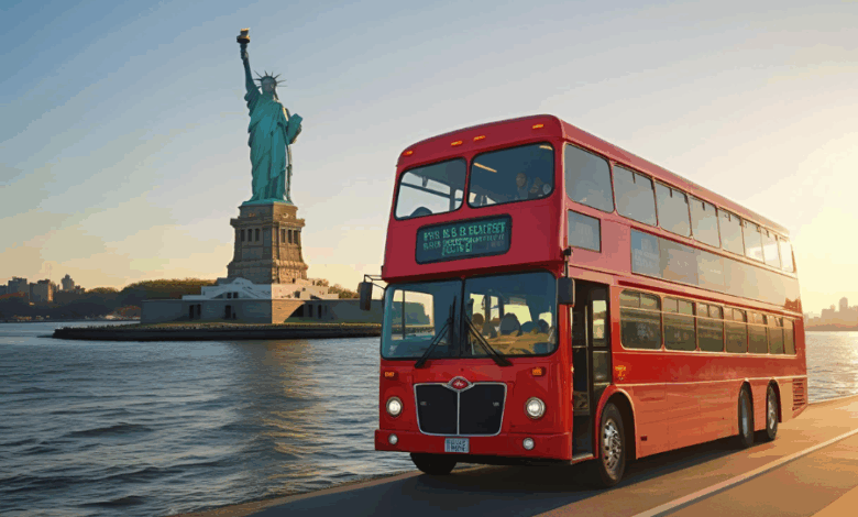 A golden-hour shot of a red double-decker Big Bus cruising past the Statue of Liberty, tourists smiling with cameras out, sun glinting off the water – ultra-realistic, travel magazine style.