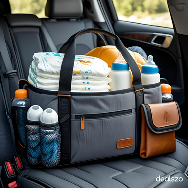 A modern diaper bag for guys resting on a car seat, filled with diapers, bottles, and tech gadgets for a road trip