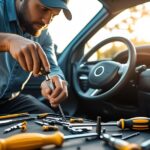 Close-up of a car owner using a screwdriver set to fix a vehicle’s interior panel.