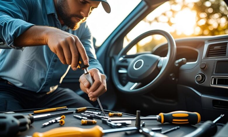 Close-up of a car owner using a screwdriver set to fix a vehicle’s interior panel.