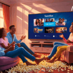 Family enjoying a movie night with Superbox’s Time Shift feature on a big screen.