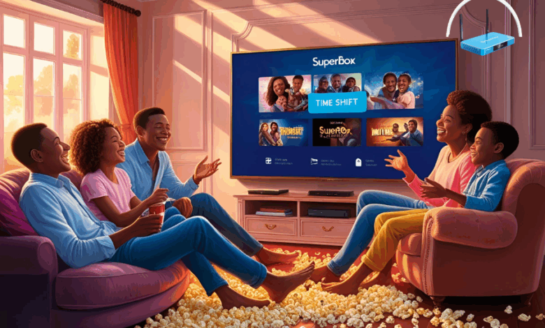 Family enjoying a movie night with Superbox’s Time Shift feature on a big screen.