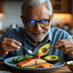 Senior man wearing blue-light-blocking glasses while eating salmon and avocado (nutritious diet for dry eyes).