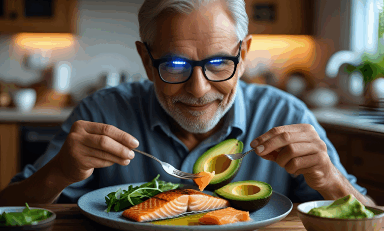 Senior man wearing blue-light-blocking glasses while eating salmon and avocado (nutritious diet for dry eyes).